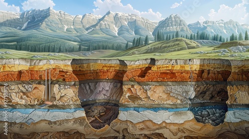 Cross-section of Earth's Layers with Mountain Range