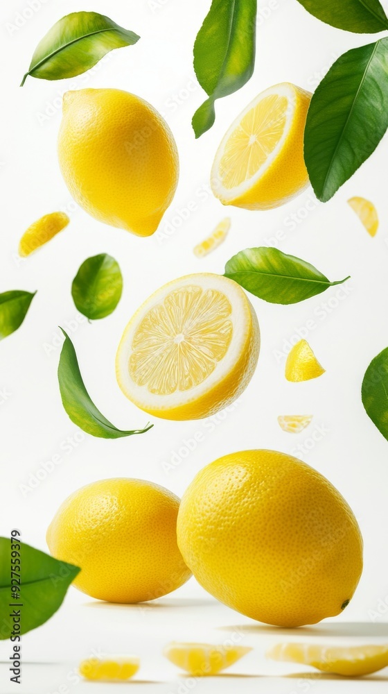 Flying fresh raw whole and sliced lemons with leaves on white background Flying fresh raw whole and sliced lemons with leaves on white background