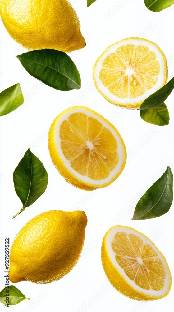 Flying fresh raw whole and sliced lemons with leaves on white background Flying fresh raw whole and sliced lemons with leaves on white background
