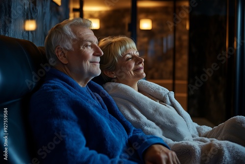 An elderly couple relaxing together in a spa, wearing robes and enjoying a moment of comfort and relaxation. The setting is warm and inviting, indicating wellness and leisure.