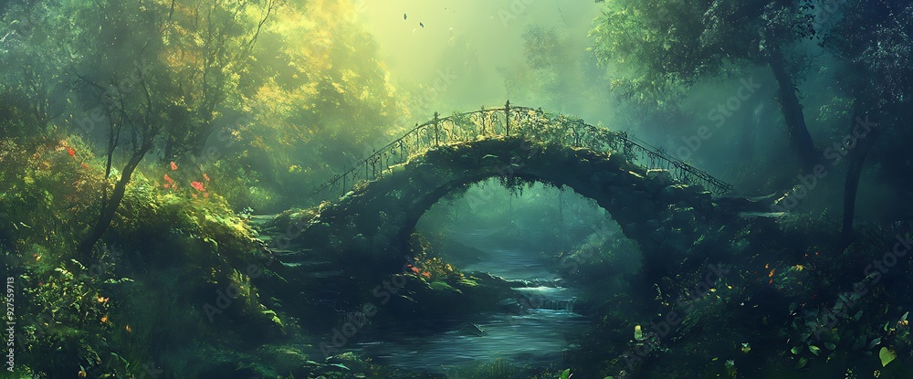 A mossy stone bridge with wrought iron railings spans a magical stream in a lush forest. A mossy stone bridge with wrought iron railings spans a magical stream in a lush forest.