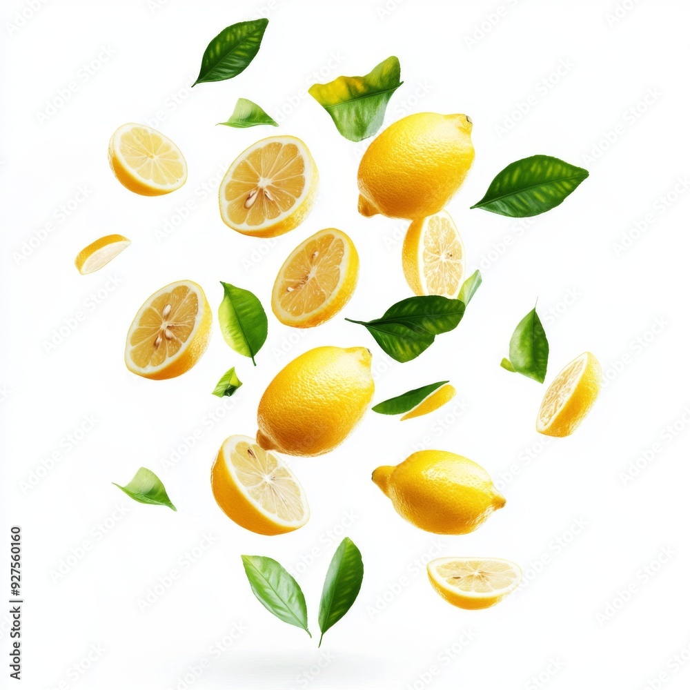 Flying fresh raw whole and sliced lemons with leaves on white background Flying fresh raw whole and sliced lemons with leaves on white background