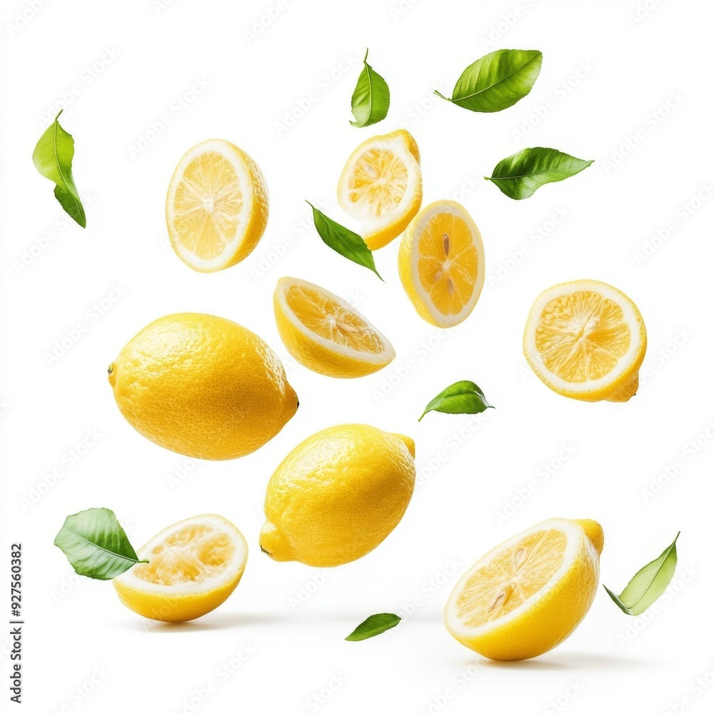 Flying fresh raw whole and sliced lemons with leaves on white background Flying fresh raw whole and sliced lemons with leaves on white background
