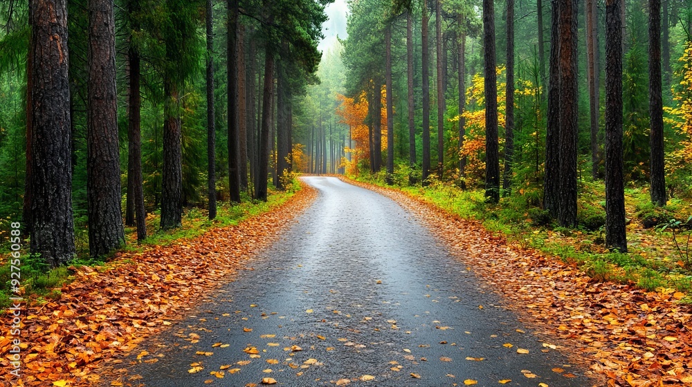 Obraz premium Scenic forest road covered in colorful autumn leaves on a misty day, surrounded by tall trees in a peaceful natural landscape.