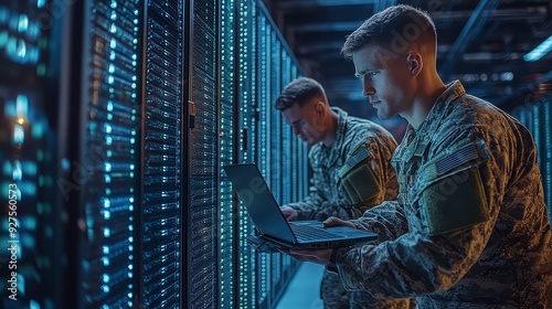 In Data Center Two Military Men Work with Open Server for cyber security