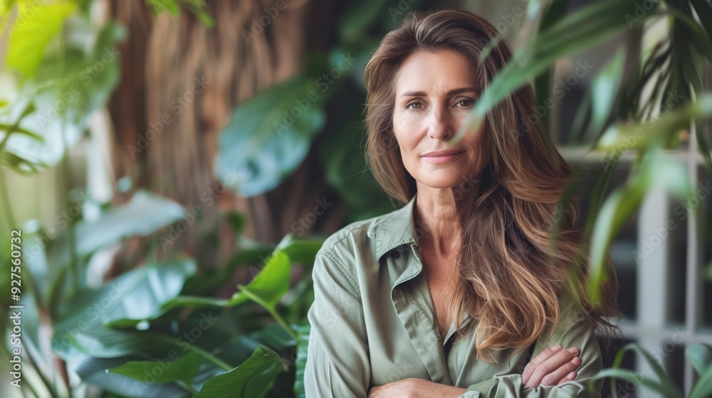 Woman in Green Jacket in Tropical Foliage