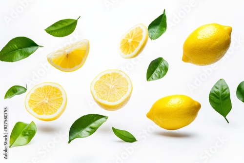 Flying fresh raw whole and sliced lemons with leaves on white background