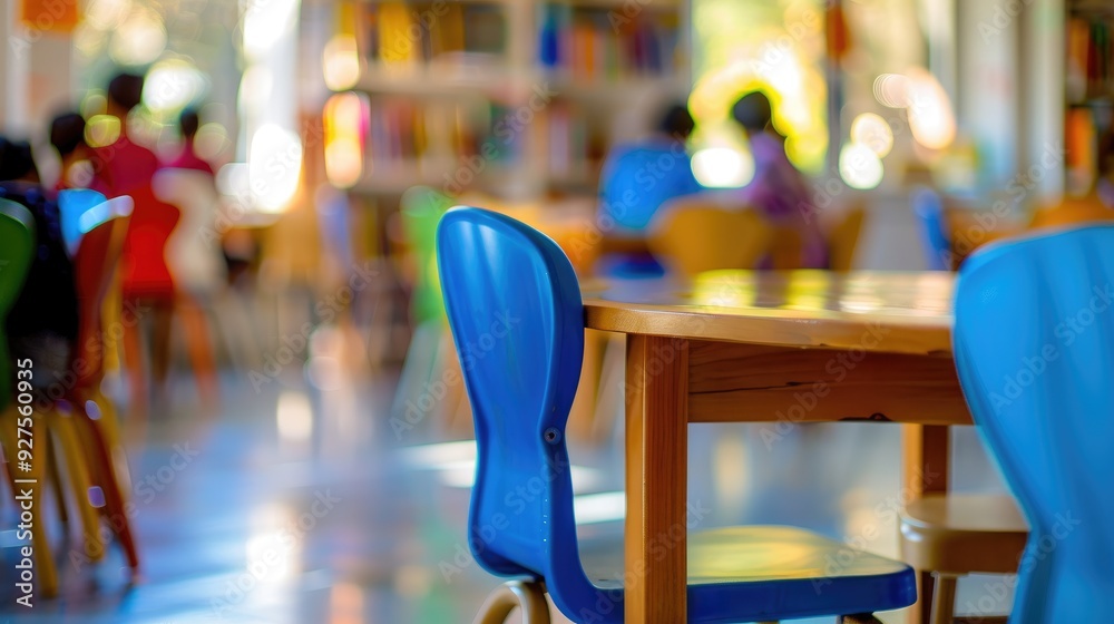 Close up of children's school chairs in the background of a blurry classroom with colorful tables and bookshelves Close up of children's school chairs in the background of a blurry classroom with colorful tables and bookshelves