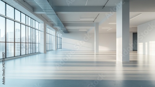 A modern  empty office space with large windows  natural light  and a minimalist design  featuring a reflective floor and white columns.