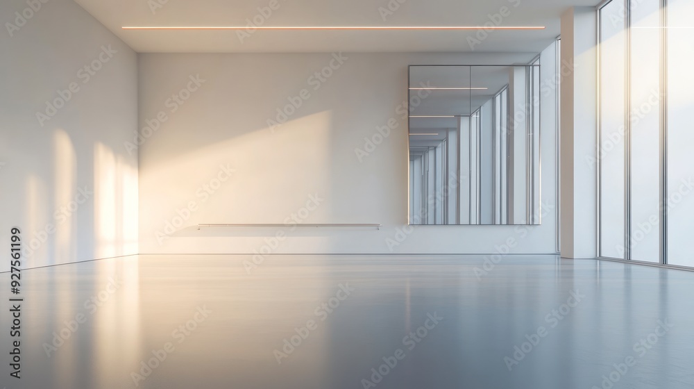 Obraz premium Minimalist interior space with ambient lighting, reflective floor, and a sequence of rectangular columns on one side, leading to a vanishing point. Modern and clean.