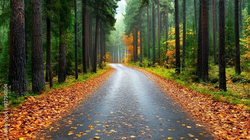 Serene autumn forest road covered with fallen leaves, surrounded by tall trees and vibrant fall foliage under a misty sky.