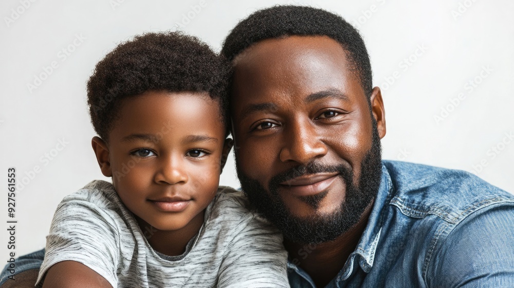 African Father and Son Smiling Together Isolated on White Background, Family Bonding and Love African Father and Son Smiling Together Isolated on White Background, Family Bonding and Love
