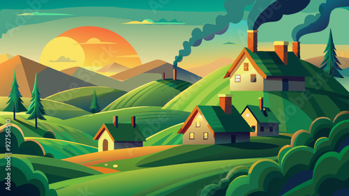 Green hills with small cottages and a chimney softly puffing smoke, as the sun sets in the background