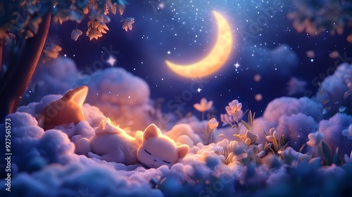 Magical Moonlit Winter Wonderland - Snowy Forest Under Glowing Crescent Moon and Twinkling Stars