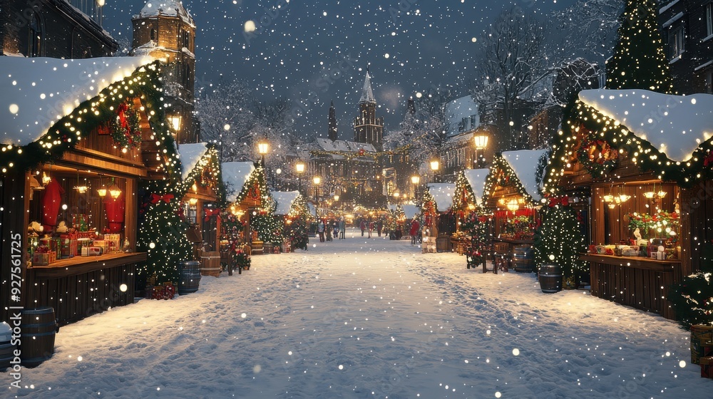 A charming winter market scene filled with snow, lights, and festive decorations, evoking holiday cheer and cozy vibes. A charming winter market scene filled with snow, lights, and festive decorations, evoking holiday cheer and cozy vibes.