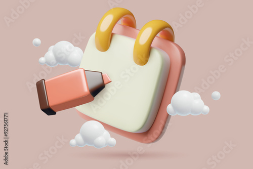 3d Notepad blank page and marker pen with clouds vector business background. Planning, accounting or checklist three dimensional banner concept. 