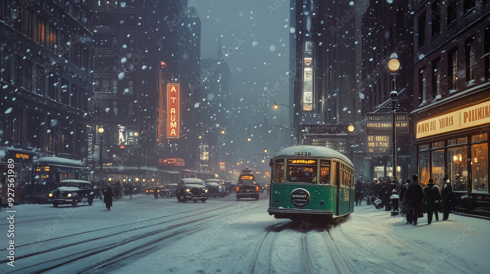 Obraz premium picture of snowy winter evening in new york in 1943. ai generated