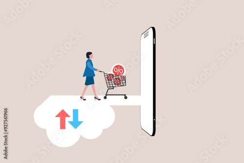 Online shopping or mobile shop app concept, Business woman pushing shopping cart trolley running from website or app on mobile smartphone. concept of Online shopping or mobile shopping app