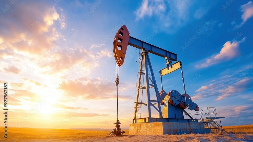 A large, old-fashioned oil pumpjack in a rural landscape with a bright, sunny sky A large, old-fashioned oil pumpjack in a rural landscape with a bright, sunny sky