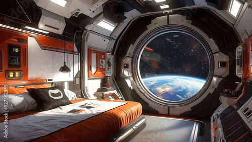Fototapeta Naklejka Na Ścianę i Meble -  Space Station Bedroom with a View of Stars and Planet