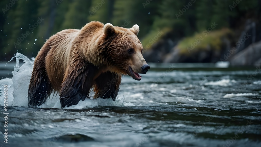 brown bear in water. A bear catching a leaping salmon mid-air in a fast-moving river. The scene is dynamic, with water splashing all around. brown bear in water. A bear catching a leaping salmon mid-air in a fast-moving river. The scene is dynamic, with water splashing all around.