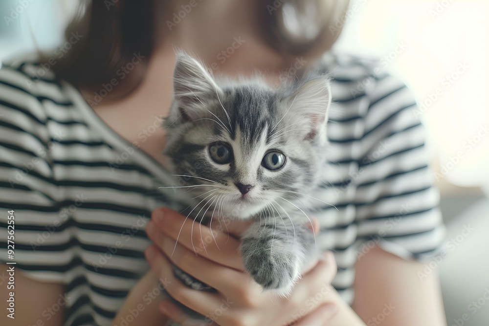 woman holding a cute grey kitten in her hands, wearing a white and black striped shirt in a modern interior with daylight and soft light illuminating pastel color woman holding a cute grey kitten in her hands, wearing a white and black striped shirt in a modern interior with daylight and soft light illuminating pastel color