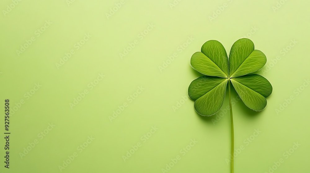 A single four-leaf clover on a light green background. A single four-leaf clover on a light green background.