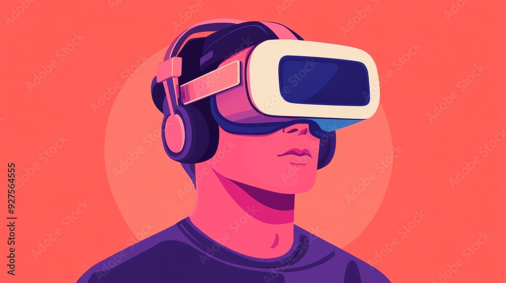 A person using a VR headset immersed in virtual reality, depicted in a vibrant, stylized digital illustration on a bold background. A person using a VR headset immersed in virtual reality, depicted in a vibrant, stylized digital illustration on a bold background.
