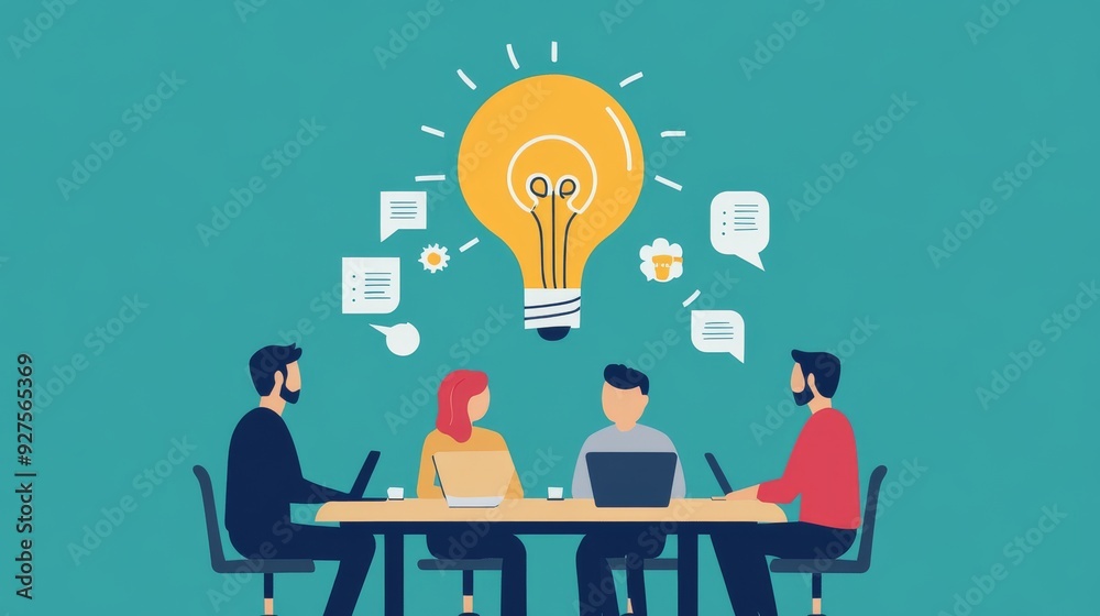 Team brainstorming session with light bulb idea. Four people discuss innovative solutions at a table, concept of teamwork and creativity. Team brainstorming session with light bulb idea. Four people discuss innovative solutions at a table, concept of teamwork and creativity.