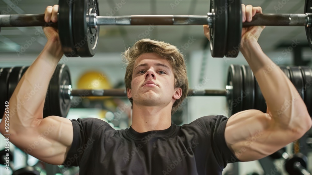 A young adult man working out at the gym lifting weights A young adult man working out at the gym lifting weights