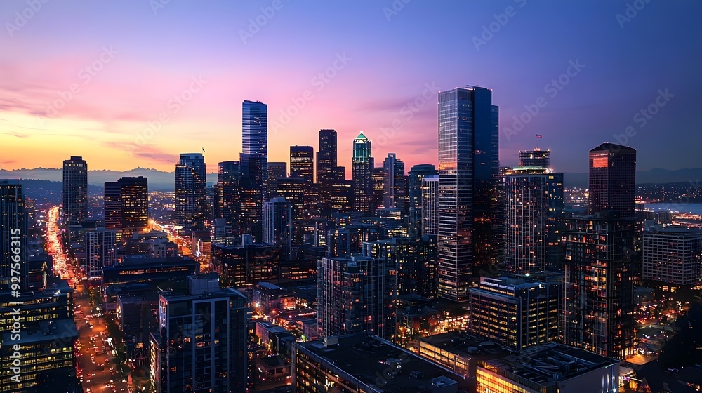 Fototapeta premium Vibrant High-Rise Cityscape at Dusk,Symbol of Economic Growth and Opportunity