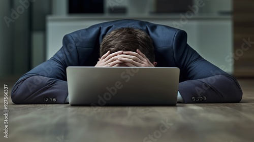 Businessman burying his head uner a laptop asking for help. photo