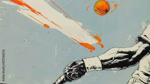 tennis player arm hitting with a racket an orange ball with a trail in the air, vintage style, old poster