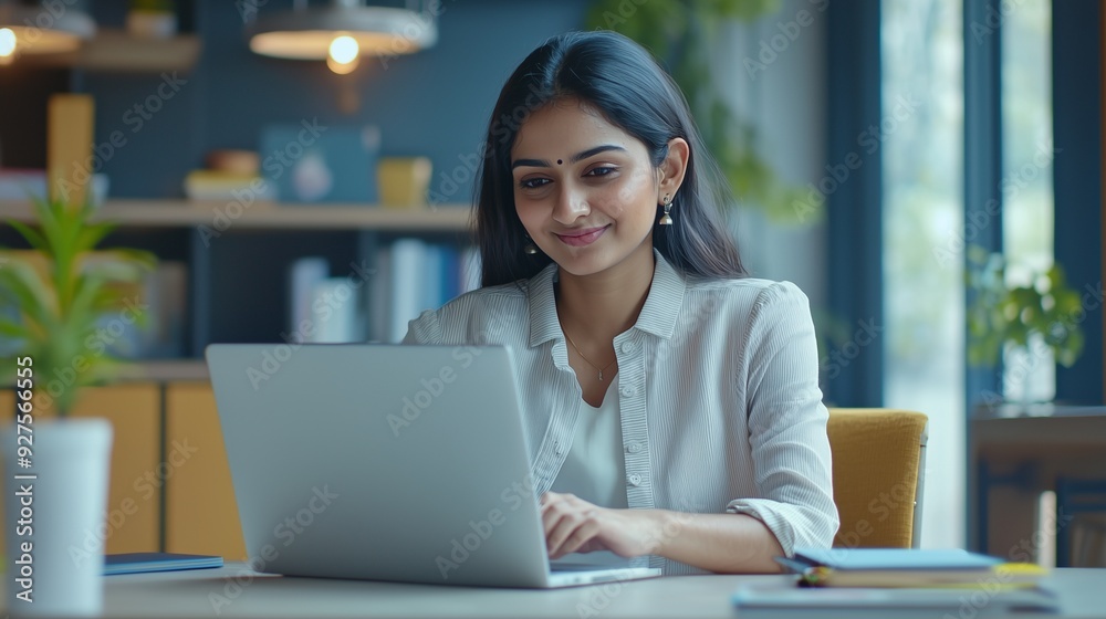Smiling indian female employee using laptop at workplace looking at screen focused businesswoman preparing economic report working online project cheerful intern doing computer work typing. Smiling indian female employee using laptop at workplace looking at screen focused businesswoman preparing economic report working online project cheerful intern doing computer work typing.