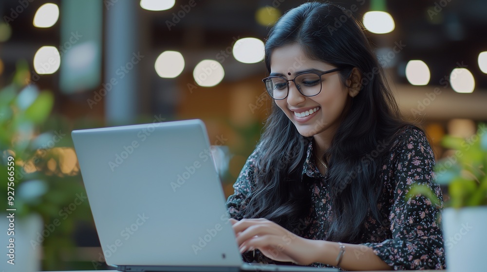 Smiling indian female employee using laptop at workplace looking at screen focused businesswoman preparing economic report working online project cheerful intern doing computer work typing. Smiling indian female employee using laptop at workplace looking at screen focused businesswoman preparing economic report working online project cheerful intern doing computer work typing.
