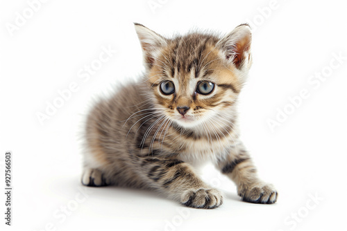 Tabby Kitten Sitting on White Background in Studio Setting