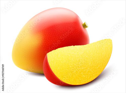 Fresh mango tropical fruit. Whole and slice exotic mango fruit isolated on transparent background. Summer tropical vitamin food. Realistic 3d vector illustration