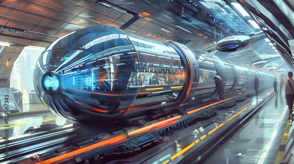 Futuristic train with glowing windows and an orange track in a futuristic subway. Futuristic train with glowing windows and an orange track in a futuristic subway.
