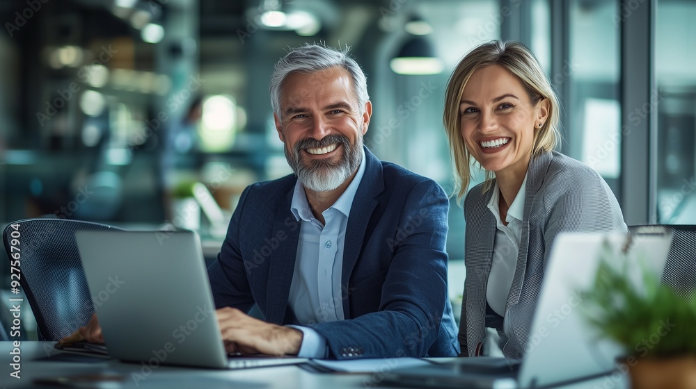 Two middle age business workers smiling happy and confident. working together with smile on face using laptop at the office. Two middle age business workers smiling happy and confident. working together with smile on face using laptop at the office.
