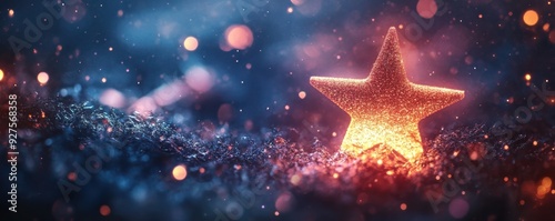 A glowing star shines amidst a beautiful, shimmering backdrop of colorful bokeh lights, creating a magical atmosphere.