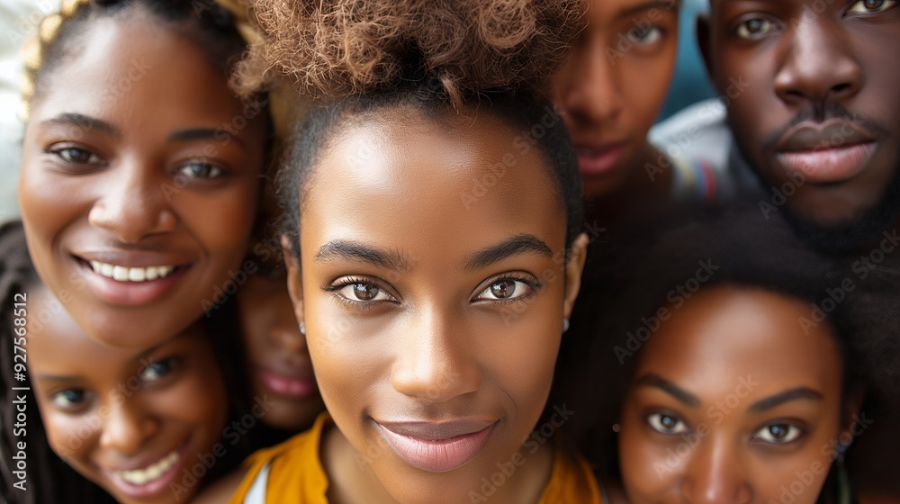 Obraz premium A close-up portrait of a group of happy young Black friends smiling together, showcasing diverse hairstyles and warm expressions.