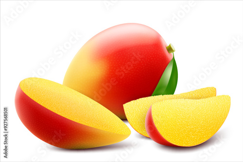 Fresh mango tropical fruit. Whole and slice exotic mango fruit isolated on transparent background. Summer tropical vitamin food. Realistic 3d vector illustration