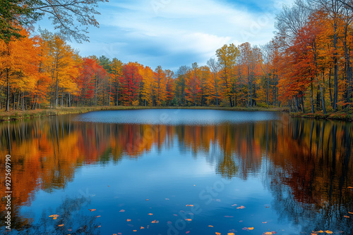 Calm lake surrounded with fall foliage