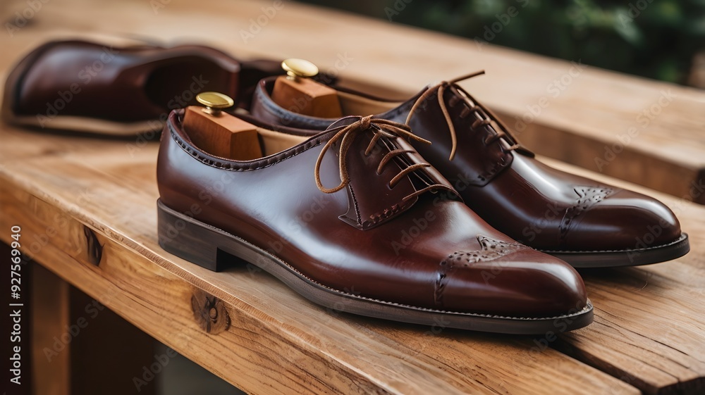 A detailed view of handmade leather shoes on a wooden bench

