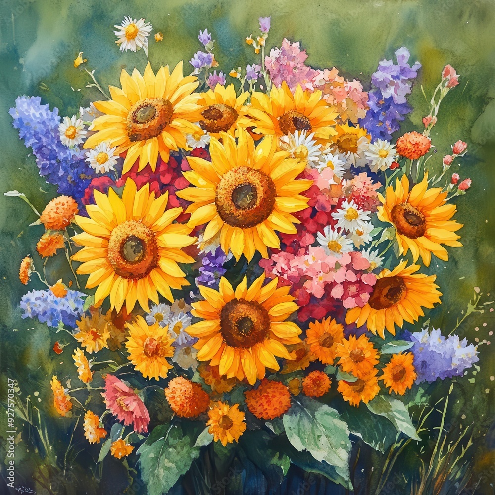 A cheerful bouquet of sunflowers and wildflowers, painted in bright, joyful watercolor tones A cheerful bouquet of sunflowers and wildflowers, painted in bright, joyful watercolor tones