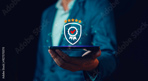 Obraz na płótnie Businessman showing the best quality assurance, the sign of the top service Quality assurance 5 star, Guarantee, Standards, premium service assurance, excellence service, high quality. w salonie