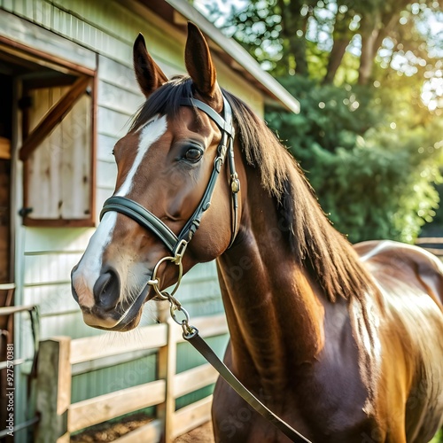 A brown and white horse standing in front of a barn.  photo