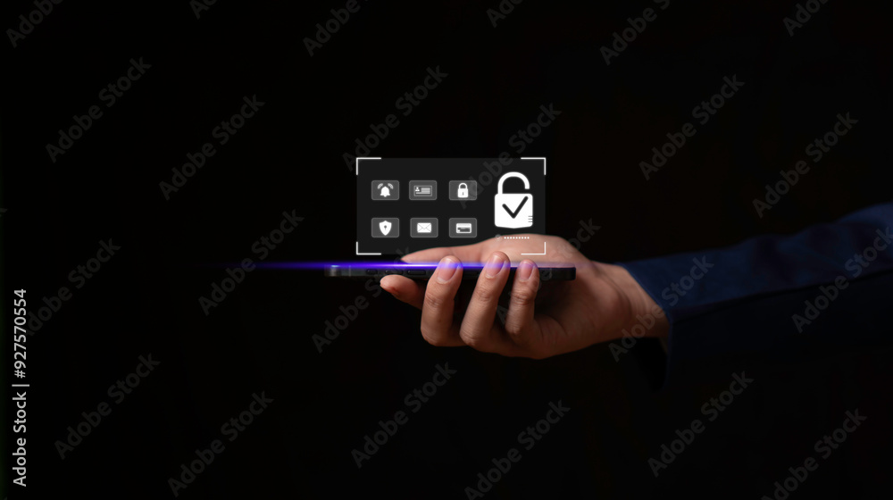 Businessman protecting personal data on smartphone, Cybersecurity and privacy concepts to protect data. Lock icon and internet network security technology, virtual screen interfaces. cyber security.