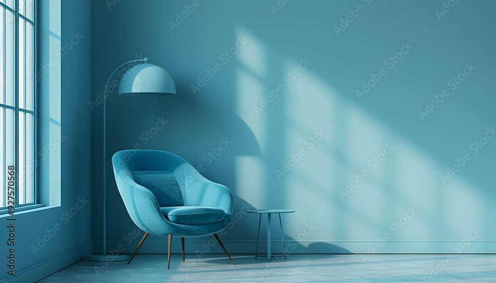 Zimmer mit Lampe, Sessel und Tisch in Hellblau Zimmer mit Lampe, Sessel und Tisch in Hellblau