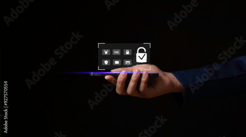 Obraz na płótnie Businessman protecting personal data on smartphone, Cybersecurity and privacy concepts to protect data. Lock icon and internet network security technology, virtual screen interfaces. cyber security. w salonie